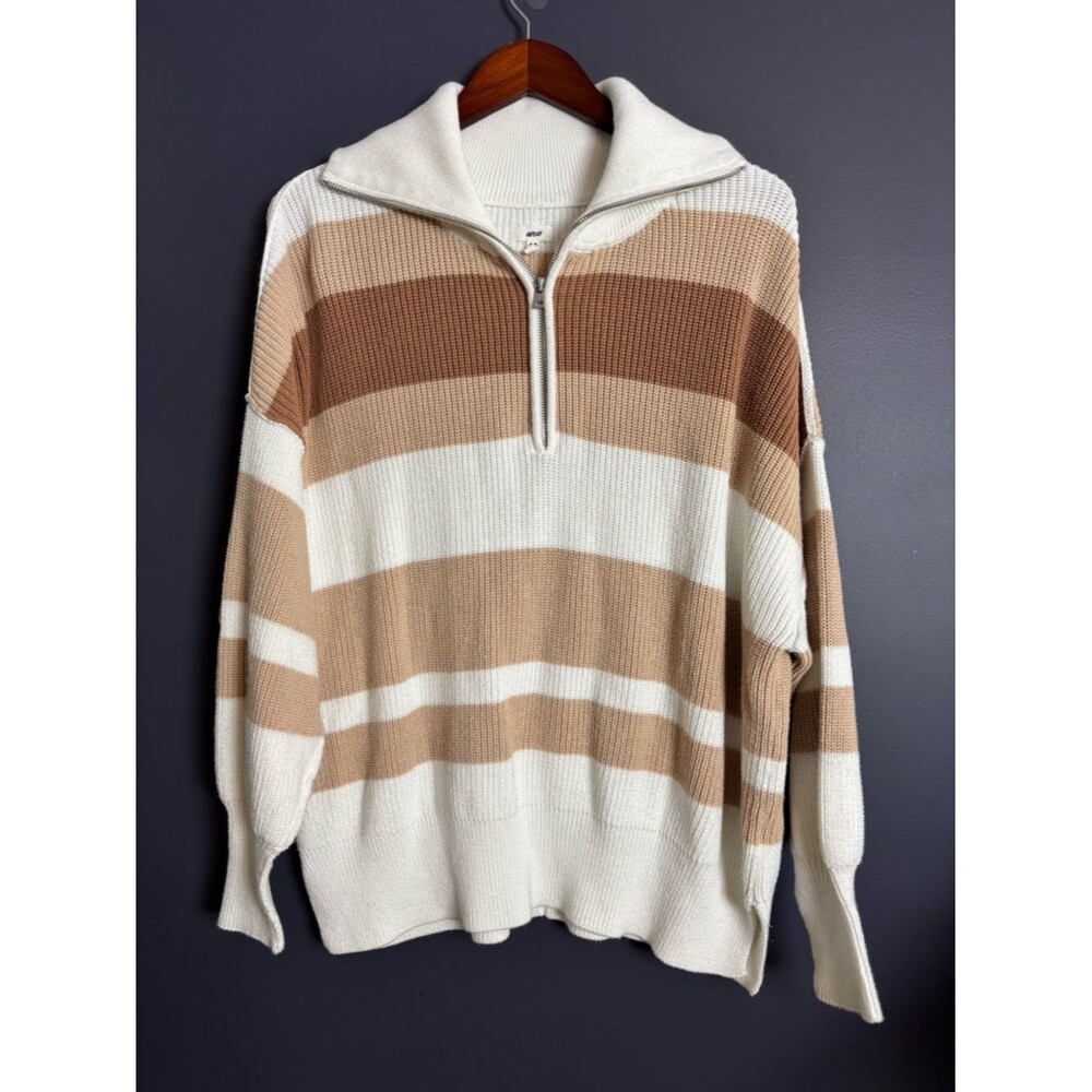 Aerie Beyond Neutral Stripe Knit Oversized Slouchy 1/4 Zip Pullover Sweater M - Picture 2 of 10